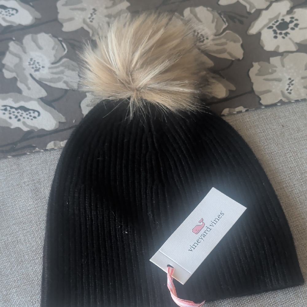 Vineyard Vines Black Knit Hat with Tan Pom